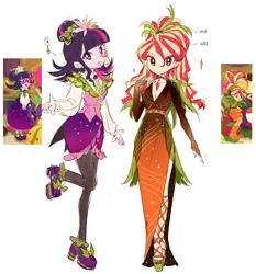 Size: 1860x2000 | Tagged: safe, artist:suansuan_33, derpibooru import, screencap, sunset shimmer, twilight sparkle, equestria girls, equestria girls series, holidays unwrapped, spoiler:eqg series (season 2), chinese text, clothes, duo, duo female, female, image, jpeg, looking at you, moon runes, o come all ye squashful, open mouth, open smile, screencap reference, simple background, smiling, smiling at you, white background