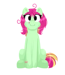 Size: 1347x1545 | Tagged: safe, artist:lindasaurie, derpibooru import, oc, oc:strawi dinosaur, unofficial characters only, earth pony, pony, derpibooru community collaboration, 2023 community collab, bandaid, derpibooru exclusive, earth pony oc, eye clipping through hair, female, image, lineless, mare, png, ponysona, simple background, sitting, smiling, solo, transparent background