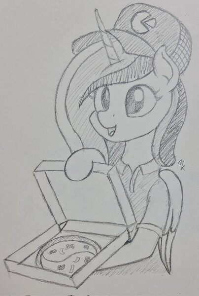 Size: 1380x2048 | Tagged: safe, artist:mkogwheel, derpibooru import, princess cadance, alicorn, pony, cadance's pizza delivery, clothes, female, food, grayscale, hoof hold, image, jpeg, mare, monochrome, pencil drawing, pizza, pizza box, traditional art, uniform