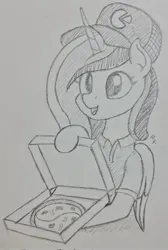Size: 1380x2048 | Tagged: safe, artist:mkogwheel, derpibooru import, princess cadance, alicorn, pony, cadance's pizza delivery, clothes, female, food, grayscale, hoof hold, image, jpeg, mare, monochrome, pencil drawing, pizza, pizza box, traditional art, uniform