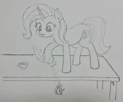 Size: 2048x1708 | Tagged: safe, artist:mkogwheel, derpibooru import, trixie, pony, unicorn, behaving like a cat, cup, female, grayscale, image, jpeg, mare, monochrome, pencil drawing, solo, table, teacup, traditional art