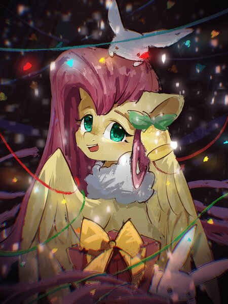 Size: 1620x2160 | Tagged: safe, artist:lendftcn, derpibooru import, fluttershy, pegasus, pony, rabbit, animal, christmas, christmas lights, cute, female, floppy ears, holiday, image, jpeg, looking at you, mare, open mouth, open smile, present, shyabetes, smiling, smiling at you, solo