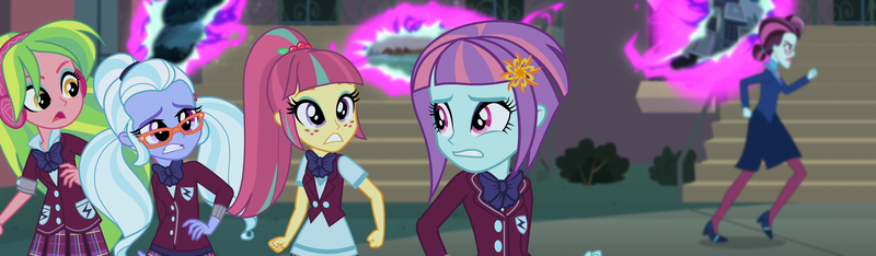 Size: 3700x1080 | Tagged: safe, composite screencap, derpibooru import, edit, edited screencap, screencap, lemon zest, principal abacus cinch, sour sweet, sugarcoat, sunny flare, human, equestria girls, friendship games, canterlot high, clothes, crystal prep academy uniform, dimensional cracks, female, glasses, headphones, image, png, school uniform, skirt