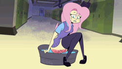 Size: 800x450 | Tagged: suggestive, artist:alermg, derpibooru import, fluttershy, human, equestria girls, aftermath, animated, bucket, canterlot high, clothes, commission, gif, image, reddened butt, socks, spank mark, spanked, teary eyes, vapor, water