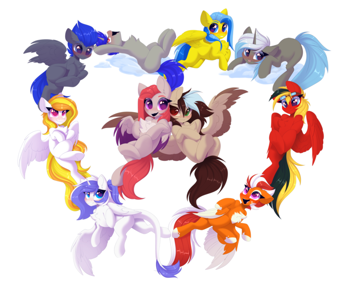 Size: 4096x3303 | Tagged: safe, artist:kebchach, derpibooru import, oc, oc:caffeine creamaccina, oc:eleftheria, oc:enigan, oc:hooves-art, oc:keetch, oc:selena hala, oc:shining valor, oc:storm shield, oc:twotail, oc:whiteskyline, unofficial characters only, alicorn, pegasus, pony, unicorn, derpibooru community collaboration, 2023 community collab, alicorn oc, horn, image, pegasus oc, png, unicorn oc, wings