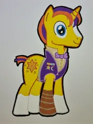 Size: 3024x4032 | Tagged: safe, artist:magicnova, derpibooru import, oc, oc:starfire blaze, pony, unicorn, derpibooru community collaboration, 2023 community collab, amputee, blaze (coat marking), bowtie, clothes, coat markings, derpibooru exclusive, facial markings, image, jpeg, looking at you, male, medals, offspring, parent:starlight glimmer, parent:sunburst, parents:starburst, prosthetic leg, prosthetic limb, prosthetics, simple background, smiling, smiling at you, socks (coat marking), solo, stallion, traditional art, waistcoat, white background