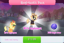 Size: 1269x855 | Tagged: safe, derpibooru import, official, applejack, kirin, nirik, applejack's hat, bundle, cloven hooves, costs real money, cowboy hat, duality, english, fangs, female, fire, gameloft, hat, horn, image, jpeg, kirin applejack, kirinified, magic coins, mane of fire, mobile game, my little pony: magic princess, numbers, sale, species swap, text