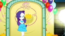 Size: 3072x1727 | Tagged: safe, derpibooru import, screencap, rarity, human, a photo booth story, eqg summertime shorts, equestria girls, balloon, bare shoulders, bracelet, canterlot high, crossed arms, fall formal outfits, female, frown, high res, image, jewelry, jpeg, sleeveless, solo