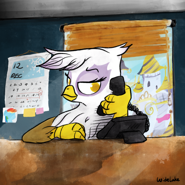 Size: 3000x3000 | Tagged: safe, artist:widelake, derpibooru import, gilda, rainbow dash, gryphon, blinds, calendar, canterlot, desk, holding, image, leaning, leaning on table, lidded eyes, office, phone, phone call, png, solo, window