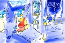 Size: 4200x2800 | Tagged: safe, artist:horsesplease, derpibooru import, gallus, sprout cloverleaf, unown, alarm clock, blue, brony, clock, constellation, doodle, dream art, fanboy, g5, gallus the rooster, gallusposting, image, in-universe brony, obsession, png, pokémon, sleeping, smiling, stylistic suck, when he smiles