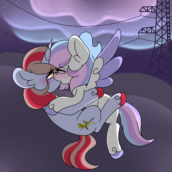 Size: 1920x1920 | Tagged: safe, artist:ladylullabystar, derpibooru import, oc, oc:lullaby star, unofficial characters only, pegasus, pony, unicorn, aurora borealis, female, image, jpeg, kissing, lesbian, mare