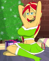 Size: 4800x6000 | Tagged: suggestive, artist:cadenreigns, derpibooru import, sunset shimmer, human, equestria girls, equestria girls series, boots, breasts, busty sunset shimmer, christmas, christmas lights, christmas tree, clothes, costume, holiday, image, looking at you, png, pose, present, santa costume, shoes, skirt, stupid sexy sunset shimmer, sultry pose, tree