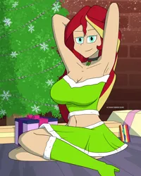 Size: 4800x6000 | Tagged: suggestive, artist:cadenreigns, derpibooru import, sunset shimmer, human, equestria girls, equestria girls series, bootss, breasts, busty sunset shimmer, christmas, christmas lights, christmas tree, clothes, costume, holiday, human coloration, humanized, image, looking at you, png, pose, present, santa costume, skirt, stupid sexy sunset shimmer, sultry pose, tree