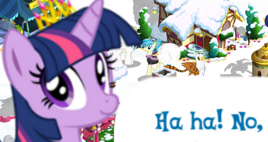 Size: 540x287 | Tagged: safe, derpibooru import, twilight sparkle, pony, cropped, english, female, gameloft, haha, image, jewelry, looking at you, mare, meme, png, reaction image, solo, speech bubble, text, tiara, wow! glimmer