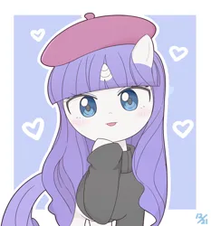 Size: 1800x1928 | Tagged: safe, artist:auntie_grub, derpibooru import, rarity, pony, unicorn, abstract background, beatnik rarity, beret, clothes, female, hat, heart, horn, image, jpeg, looking at you, mare, simple background, solo, sweater, white background