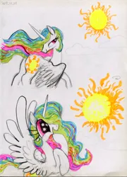 Size: 2882x4000 | Tagged: safe, artist:ja0822ck, derpibooru import, princess celestia, alicorn, cute, cutelestia, cutie mark, image, jpeg, simple background, solo, starry eyes, sun, traditional art, wingding eyes