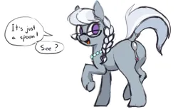 Size: 896x548 | Tagged: suggestive, artist:shydale, derpibooru import, silver spoon, pony, blank flank, braid, butt, female, filly, foal, glasses, image, innocent innuendo, jewelry, looking back, necklace, plot, png, pun, raised leg, raised tail, speech bubble, spoon, strategically covered, tail, text