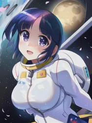 Size: 512x682 | Tagged: safe, derpibooru import, editor:sammykun, machine learning generated, novelai, stable diffusion, twilight sparkle, human, equestria girls, astronaut, breasts, bust, busty twilight sparkle, clothes, humanized, image, jpeg, looking at you, moon, open mouth, open smile, smiling, space station, spacesuit