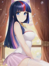 Size: 512x682 | Tagged: safe, derpibooru import, editor:sammykun, machine learning generated, novelai, stable diffusion, twilight sparkle, human, breasts, busty twilight sparkle, clothes, humanized, image, jpeg, looking at you, pantyhose, sitting, skirt, sleeveless, white shirt, window