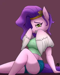 Size: 2000x2500 | Tagged: safe, artist:naen, derpibooru import, pipp petals, anthro, pegasus, plantigrade anthro, pony, adorapipp, breasts, clothes, covering face, cowering, cute, denim, denim shorts, female, g5, image, laughing, mare, png, shirt, shorts, simple background, sitting, solo, t-shirt, wings