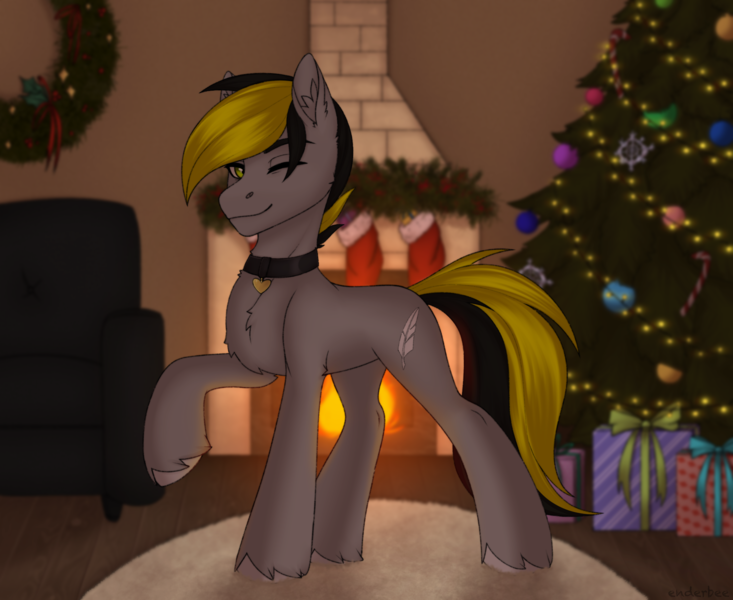 Size: 2111x1728 | Tagged: safe, alternate version, artist:enderbee, derpibooru import, oc, oc:lightpeace, unofficial characters only, earth pony, pony, background, blurry background, carpet, chest fluff, christmas, christmas lights, christmas stocking, christmas tree, collar, colored, commission, ear fluff, fireplace, full body, holiday, hooves, image, multicolored hair, png, raised hoof, simple background, sketch, tree, white background