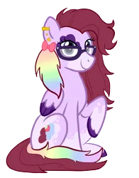 Size: 1988x2536 | Tagged: safe, artist:queertrixie, derpibooru import, oc, oc:maiberry, pony, derpibooru community collaboration, 2023 community collab, bow, derpibooru exclusive, ear piercing, earring, female, glasses, hair bow, image, jewelry, mare, multicolored hair, piercing, png, rainbow hair, raised hoof, simple background, sitting, solo, transparent background, unshorn fetlocks