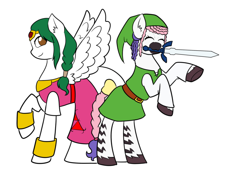 Size: 2434x1928 | Tagged: safe, artist:hayley566, artist:icicle-wicicle-1517, derpibooru import, oc, oc:olivia leaf, oc:zuri sambo, unofficial characters only, pegasus, pony, zebra, derpibooru community collaboration, 2023 community collab, belt, bipedal, bow, bracelet, clothes, collaboration, cosplay, costume, dress, duo, eyes closed, female, hat, image, jewelry, link, mare, master sword, mouth hold, png, princess zelda, raised hoof, shirt, simple background, skirt, sword, tail, tail bow, the legend of zelda, transparent background, unshorn fetlocks, weapon, zebra oc