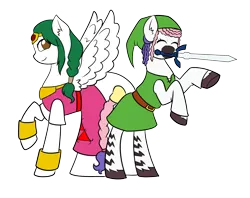 Size: 2434x1928 | Tagged: safe, artist:hayley566, artist:icicle-wicicle-1517, derpibooru import, oc, oc:olivia leaf, oc:zuri sambo, unofficial characters only, pegasus, pony, zebra, derpibooru community collaboration, 2023 community collab, belt, bipedal, bow, bracelet, clothes, collaboration, cosplay, costume, dress, duo, eyes closed, female, hat, image, jewelry, link, mare, master sword, mouth hold, png, princess zelda, raised hoof, shirt, simple background, skirt, sword, tail, tail bow, the legend of zelda, transparent background, unshorn fetlocks, weapon, zebra oc