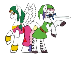 Size: 2434x1928 | Tagged: safe, artist:hayley566, artist:icey-wicey-1517, derpibooru import, oc, oc:olivia leaf, oc:zuri sambo, unofficial characters only, pegasus, pony, zebra, derpibooru community collaboration, 2023 community collab, belt, bipedal, bow, bracelet, clothes, collaboration, cosplay, costume, dress, duo, eyes closed, female, hat, image, jewelry, link, mare, master sword, mouth hold, png, princess zelda, raised hoof, shirt, simple background, skirt, sword, tail, tail bow, the legend of zelda, transparent background, unshorn fetlocks, weapon, zebra oc