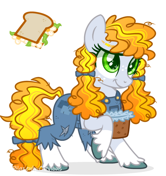 Size: 1956x2076 | Tagged: safe, artist:blazenly-obvious, artist:lavender-bases, derpibooru import, oc, oc:daisy sandwich, unofficial characters only, earth pony, pony, base used, basket, clothes, cutie mark, earth pony oc, female, freckles, image, mare, offspring, overalls, parent:cheese sandwich, parent:pinkie pie, parents:cheesepie, png, simple background, smiling, transparent background, unshorn fetlocks