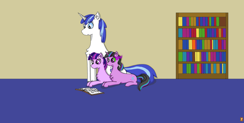 Size: 1639x828 | Tagged: safe, artist:nismorose, derpibooru import, shining armor, twilight sparkle, oc, oc:twivine, pony, unicorn, derpibooru, fanfic, book, bookshelf, chest fluff, cutie mark, dark magic, ear fluff, eye mist, eyebrows, fanfic art, fanfic in the description, female, filly, foal, green eyes, image, indoors, jpeg, link in description, magic, male, meta, raised eyebrow, reading, siblings, sisters, slit pupils, smiling, stallion, tags, teen shining armor, teenager, twin sisters, twins