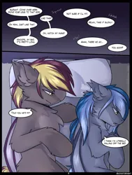 Size: 2500x3300 | Tagged: safe, artist:snowstormbat, derpibooru import, oc, oc:arden heatwave, oc:midnight snowstorm, bat pony, pony, comic:old habits, bed, comic, dialogue, image, male, png, siblings, size difference, stallion