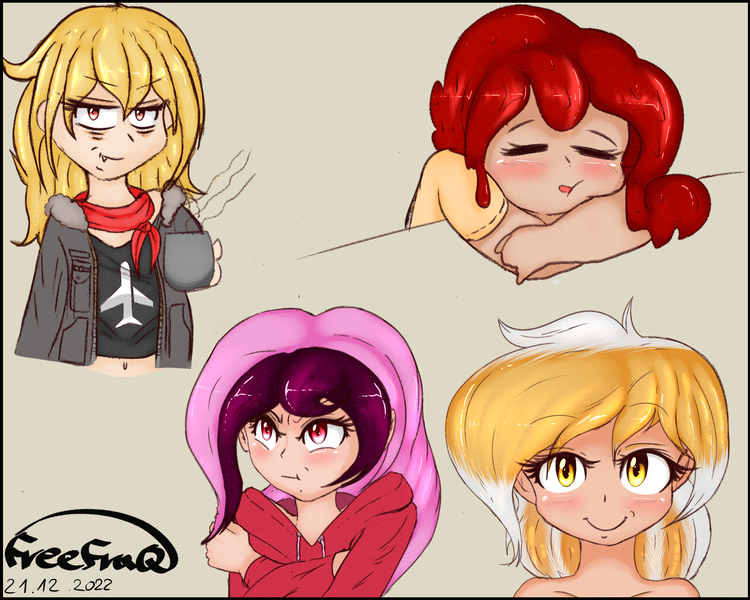 Size: 2500x2000 | Tagged: safe, artist:freefraq, derpibooru import, oc, oc:cherry slime, oc:lilac san, oc:mareota, human, humanized, image, png