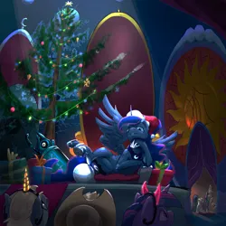 Size: 5002x5002 | Tagged: safe, artist:ciborgen, derpibooru import, applejack, princess celestia, princess luna, twilight sparkle, oc, alicorn, earth pony, pony, absurd file size, absurd resolution, christmas, christmas tree, hat, holiday, image, png, santa hat, throne, throne room, tree