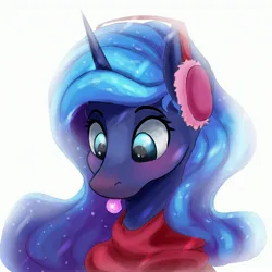 Size: 2944x2949 | Tagged: safe, artist:ryanmandraws, derpibooru import, princess luna, alicorn, blushing, christmas, clothes, cute, earmuffs, female, holiday, image, jpeg, mlem, scarf, silly, snow, snowfall, snowflake, solo, solo female, tongue out, winter