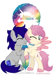 Size: 664x900 | Tagged: safe, derpibooru import, oc, oc:gentle star, oc:maverick, earth pony, pegasus, pony, balloon, cuddling, happy, happy birthday, hug, image, jewelry, necklace, png, short mane, simple background, smiling, transparent background, vector