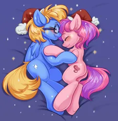 Size: 1938x2000 | Tagged: safe, artist:kittytitikitty, derpibooru import, oc, oc:cloud cuddler, oc:sweet haze, unofficial characters only, earth pony, pegasus, pony, blushing, butt, cute, earth pony oc, female, hug, image, male, pegasus oc, plot, png, pony oc, snow, wings