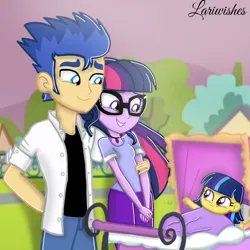 Size: 1100x1100 | Tagged: safe, artist:mlplary6, derpibooru import, flash sentry, sci-twi, twilight sparkle, oc, oc:star sparkle, equestria girls, baby, baby carriage, crying, family, female, flashlight, image, male, newborn, offspring, parent:flash sentry, parent:twilight sparkle, parents:flashlight, png, shipping, smiling, straight, tears of pain