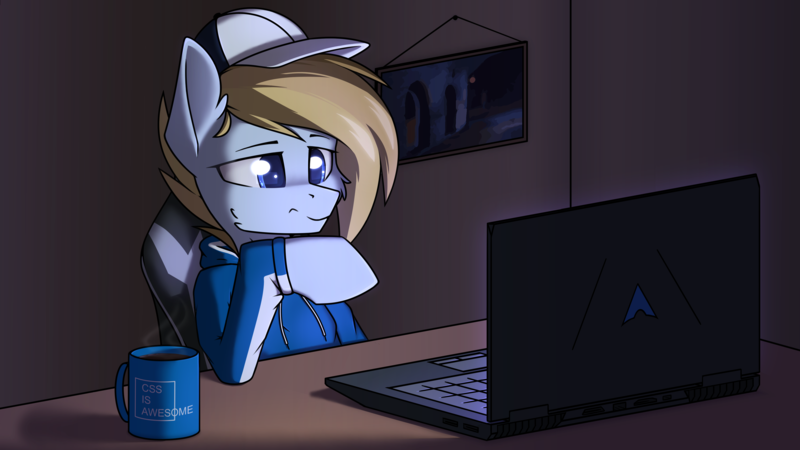 Size: 4266x2400 | Tagged: safe, artist:danger_above, derpibooru import, oc, oc:terncode, pegasus, pony, cap, clothes, computer, hat, hoodie, image, laptop computer, mug, pegasus oc, png, solo, wings