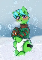 Size: 1640x2344 | Tagged: suggestive, artist:vaiola, derpibooru import, oc, oc:green byte, unofficial characters only, pony, unicorn, adult foal, blushing, candy, candy cane, clothes, commission, cutie mark, diaper, diaper fetish, fetish, food, horn, image, looking at you, male, non-baby in diaper, png, sitting, snow, solo, sweater, ych result