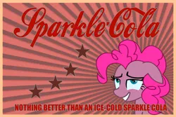 Size: 1095x730 | Tagged: safe, artist:dddromm, derpibooru import, pinkie pie, earth pony, pony, fallout equestria, advertisement, eyes rolling back, image, jpeg, poster, solo, sparkle cola, text