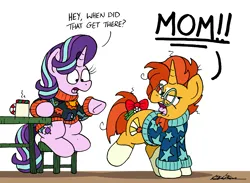 Size: 2208x1620 | Tagged: safe, artist:bobthedalek, derpibooru import, starlight glimmer, sunburst, pony, unicorn, board game, bow, clothes, dragon pit, hearth's warming, image, implied stellar flare, mistletoe, mothers gonna mother, mug, png, sweater, tail, tail bow, that pony sure does want grandfoals