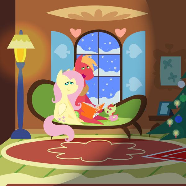 Size: 2160x2160 | Tagged: safe, anonymous artist, derpibooru import, big macintosh, fluttershy, oc, oc:late riser, earth pony, pegasus, pony, series:fm holidays, series:hearth's warming advent calendar 2022, advent calendar, book, christmas, christmas tree, clothes, colt, family, female, fluttermac, fluttershy's cottage, foal, footed sleeper, footie pajamas, high res, holiday, hoof hold, image, lineless, male, mare, offspring, pajamas, parent:big macintosh, parent:fluttershy, parents:fluttermac, png, pointy ponies, reading, shipping, sitting, stallion, story time, straight, tree