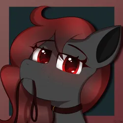 Size: 3000x3000 | Tagged: suggestive, artist:pillow, derpibooru import, oc, oc:enya, unofficial characters only, pony, collar, cute, doe, eye clipping through hair, female, freckles, image, leash, looking at you, png, red background, red eyes, red hair, simple background, solo, solo female, staring at you