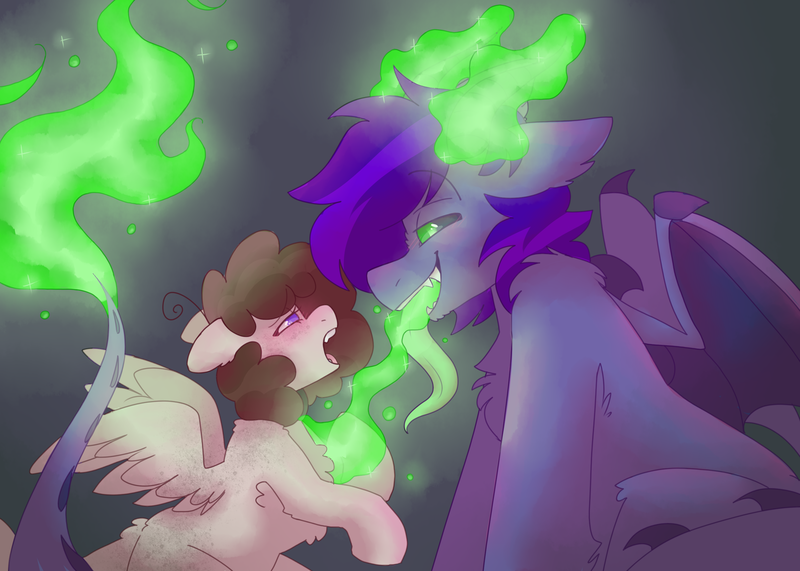 Size: 2800x2000 | Tagged: suggestive, artist:puppie, derpibooru import, oc, oc:puppie, oc:radagast, unofficial characters only, demon, demon pony, original species, pegasus, blushing, eye contact, fire, glow, glowing eyes, glowing horns, green eyes, green magic, horns, image, long tail, long tongue, looking at each other, looking at someone, png, simple background, soul, soul vore, tail, tongue out, vore