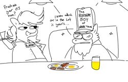 Size: 1224x784 | Tagged: safe, artist:tjpones, derpibooru import, oc, oc:anon-mare, oc:jargon scott, unofficial characters only, earth pony, pony, bacon, black and white, dialogue, diner, drink, duo, female, food, fried egg, grayscale, hat, hoof hold, image, juice, male, mare, meat, monochrome, orange juice, partial color, png, stallion, sunglasses, waitress