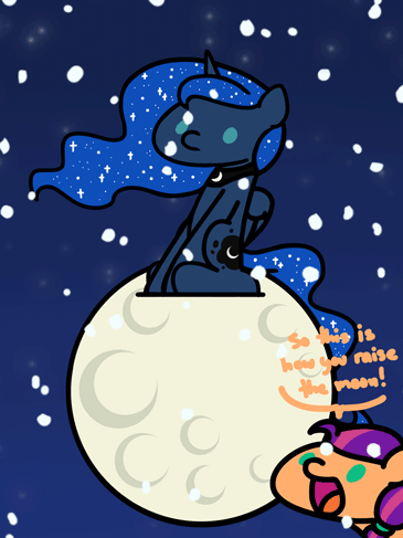 Size: 365x487 | Tagged: safe, artist:flutterluv, derpibooru import, princess luna, sunny starscout, alicorn, earth pony, pony, series:flutterluv's full moon, animated, duo, full moon, g5, gif, image, moon, snow, tangible heavenly object, winter solstice