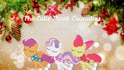 Size: 1920x1080 | Tagged: safe, derpibooru import, edit, apple bloom, scootaloo, sweetie belle, earth pony, pegasus, pony, unicorn, christmas, clothes, cutie mark crusaders, eyes closed, female, filly, foal, holiday, ice skates, image, ornament, pinecone, png, scarf, snow, snowfall, trio, winter