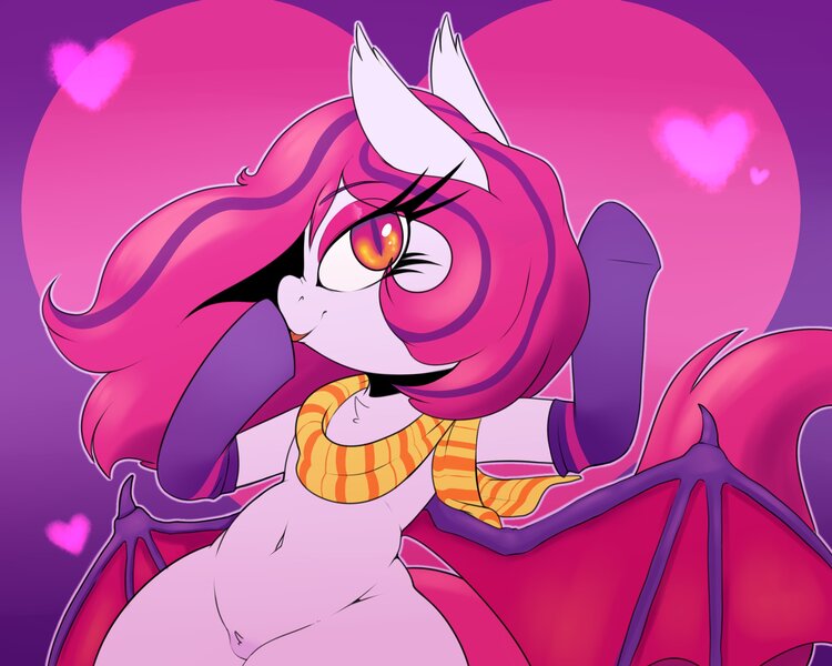 Size: 2500x2000 | Tagged: safe, artist:lockheart, derpibooru import, oc, oc:arrhythmia, bat pony, pony, bat pony oc, bat wings, bedroom eyes, belly button, clothes, evening gloves, eyeshadow, female, floating heart, gloves, heart, heart background, image, jpeg, long gloves, makeup, mare, pubic fluff, scarf, solo, spread wings, striped scarf, wide hips, wings