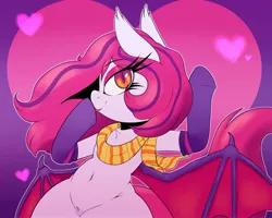 Size: 2500x2000 | Tagged: safe, artist:lockheart, derpibooru import, oc, oc:arrhythmia, bat pony, pony, bat pony oc, bat wings, bedroom eyes, belly button, clothes, evening gloves, eyeshadow, female, floating heart, gloves, heart, heart background, image, jpeg, long gloves, makeup, mare, pubic fluff, scarf, solo, spread wings, striped scarf, wide hips, wings